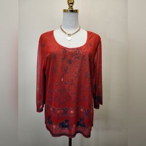 Carole Little Sport Red and Blue Patterned Blouse, Size Large